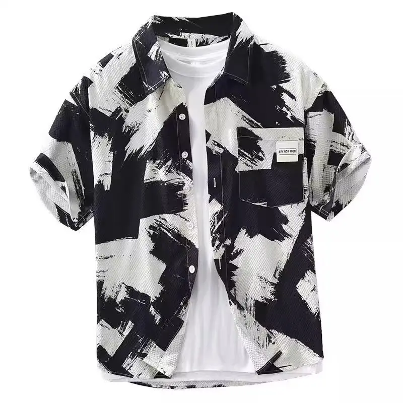 Printed trend short-sleeved shirt men's summer new contrasting color design sense casual loose shirt jacket