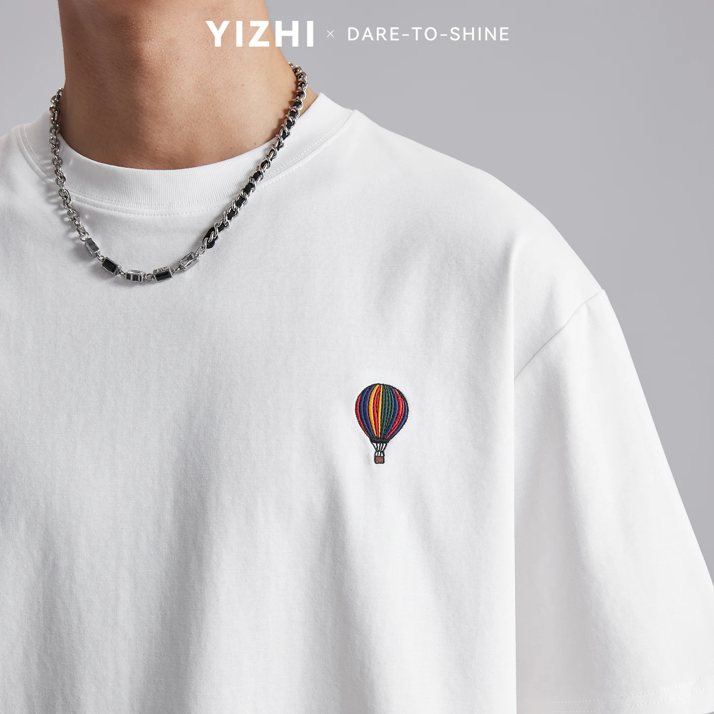 Men 210g Heavyweight Hot Air Balloon Embroidery T-shirt 2026 Summer Crew Neck Loose Soft Breathable Casual Short Sleeve Tops