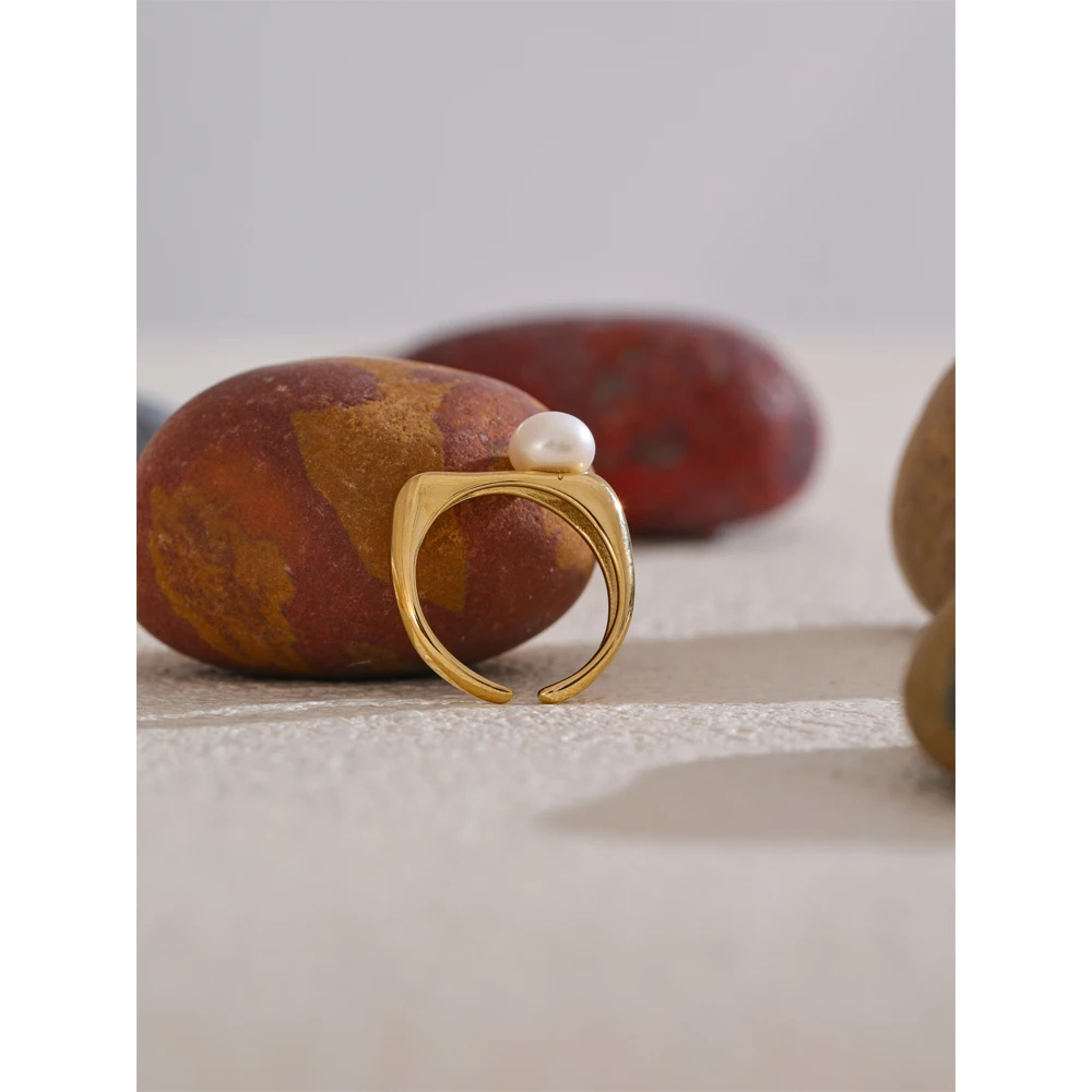 Yhpup 7# Fashion Natural Pearl Delicate Open High Quality Ring 18K Gold PVD Plated Trending Stylish Jewelry New Gift