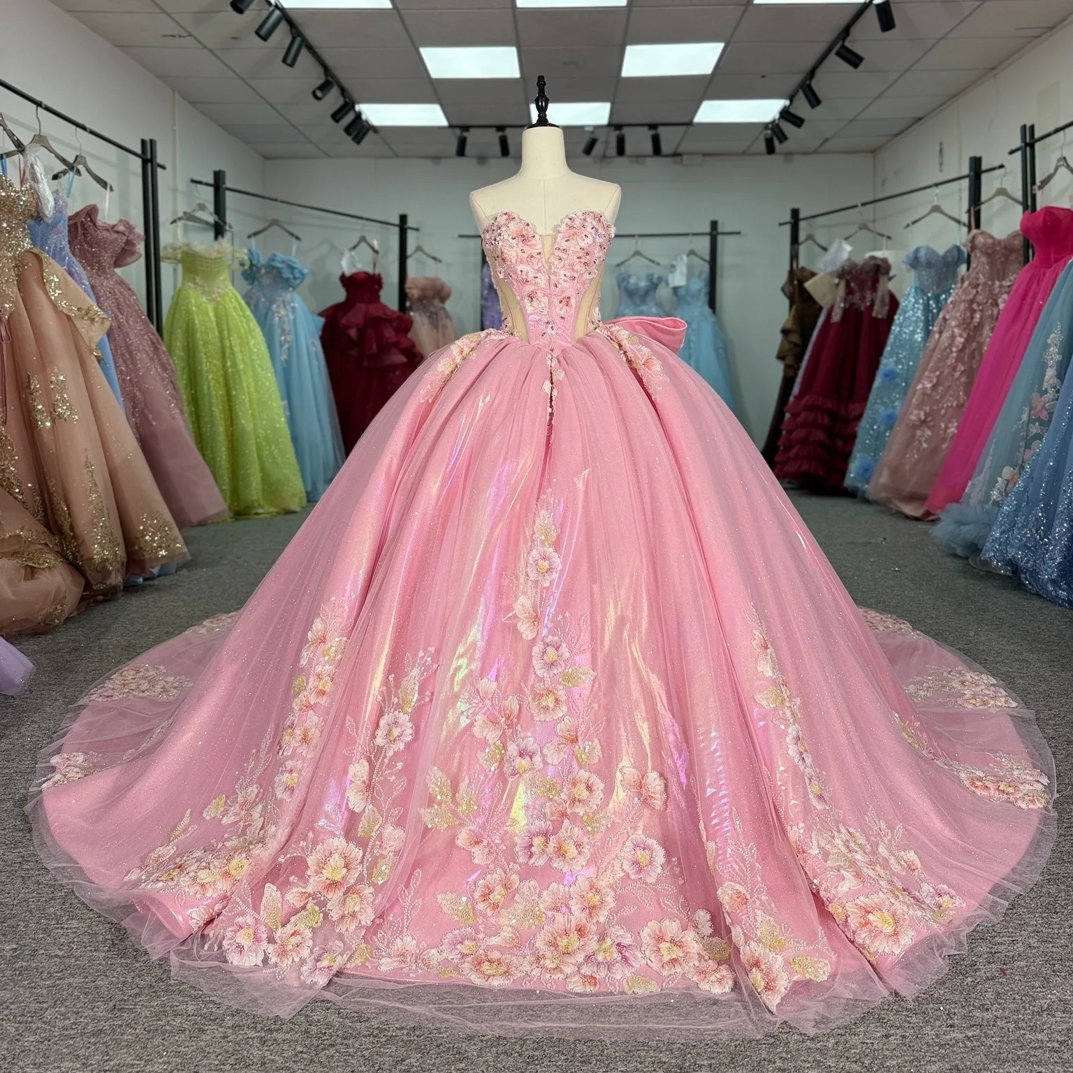 

Розовые блестящие платья Quinceanera с открытыми плечами, аппликация, кружево, бисер, кристалл, бант, тюлевой корсет, вечерние, день рождения, сладкое платье 16, жилет