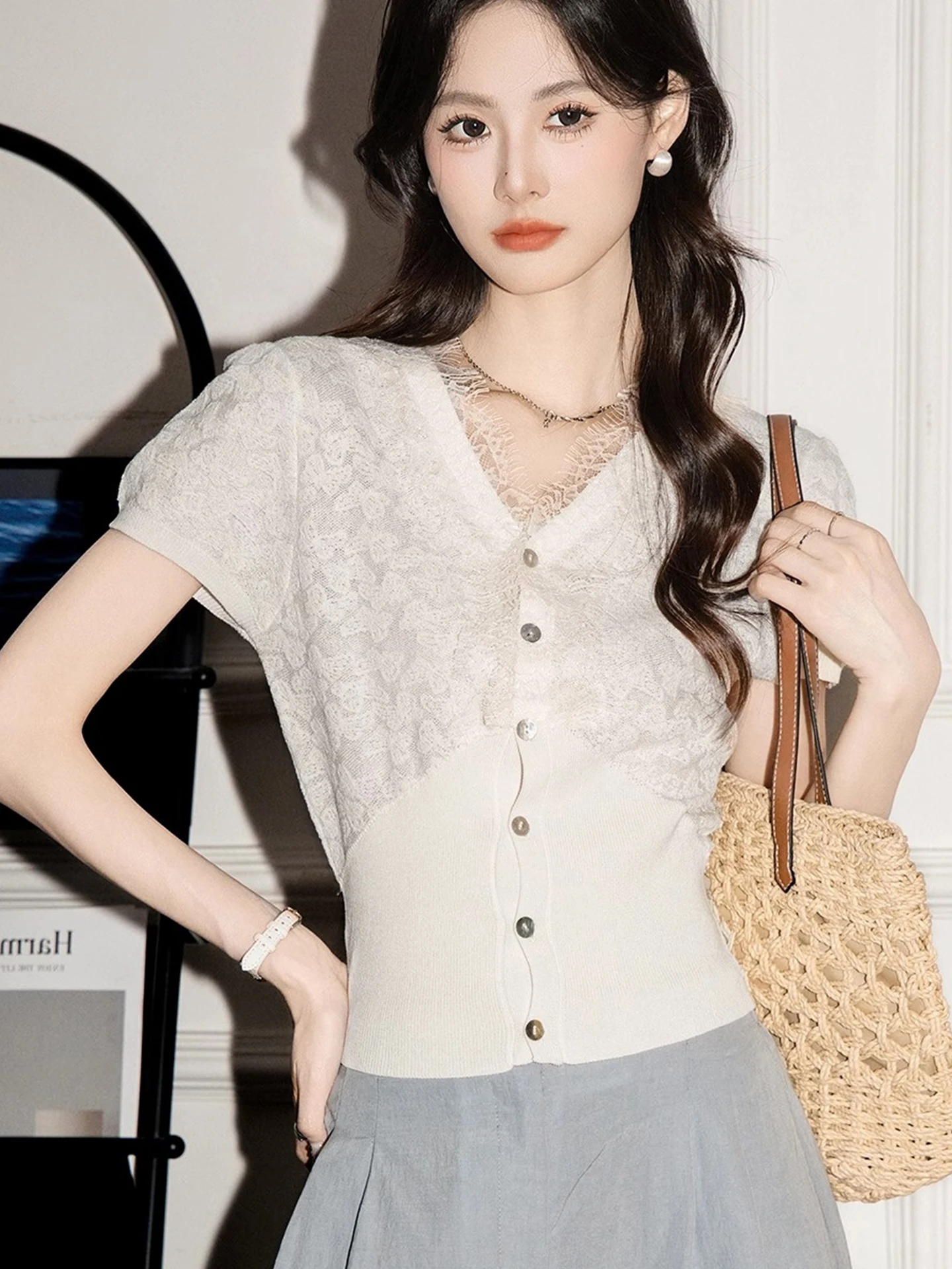 

Ele Lace Trim Design Вязаный ort Sve Pure Color Лето 2025 Женский кардиган-свитер Commute Sle Regular Fit Mediu...