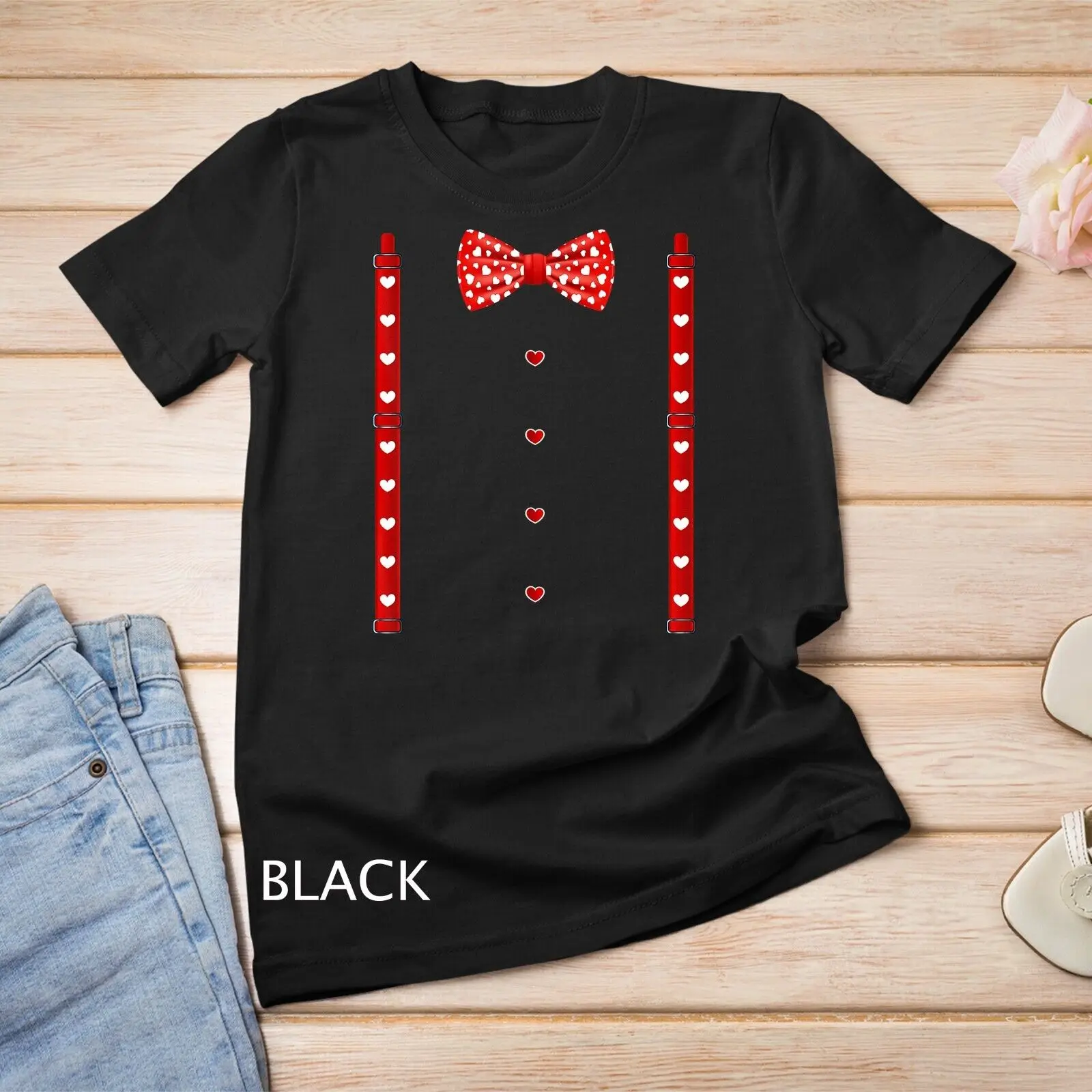 

Red Hearts Bow Tie Suspenders Valentines Day Costume T Shirt