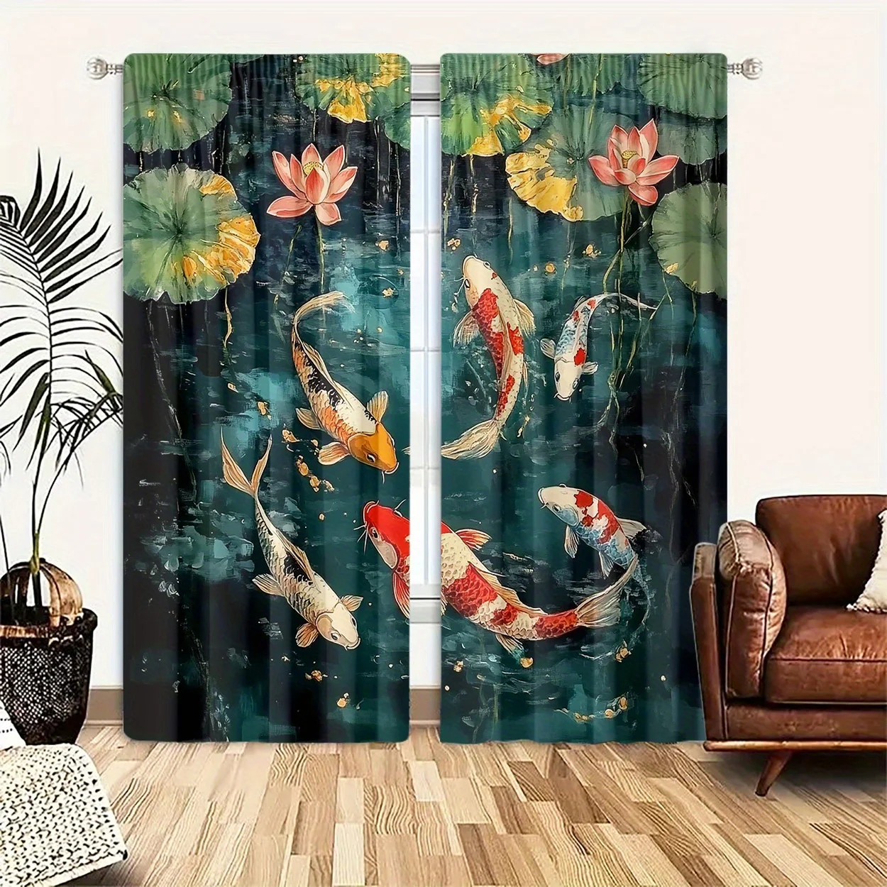 Dark Green Pond Koi Lotus Curtain Panels 2 Pack, Oil Painting Gold Foil Splash Lucky Fish Chinese Style Living Room Curtain