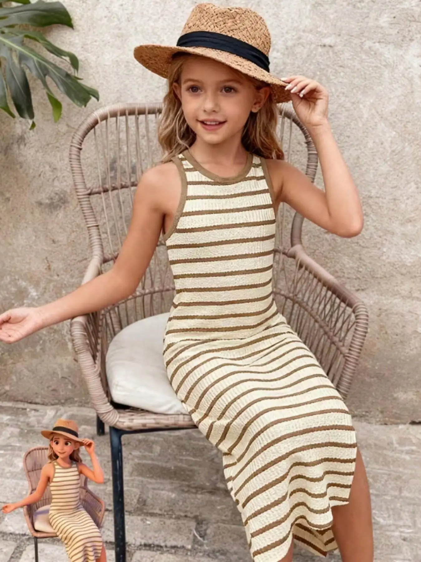 Mädchen Boho Ärmelloses Gestreiftes Kleid Schmal Geschnitten mit Schlitz Atmungsaktiver Strickstoff Sommer Strand Garten Fotoshooting Kleid – Detail 5