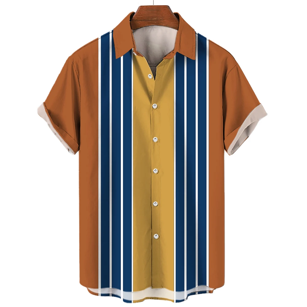 Fashion Men Striped Button Shirt Summer Oversized Short Sleeve Business Casual Streetwear Male