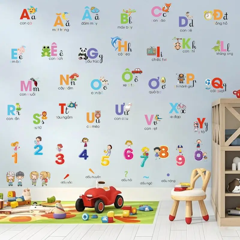 ~Vietnamese Alphabet Wall Decals For Children Cartoon Early Education Alphabet Stickers PVC Stickers Background Decoration