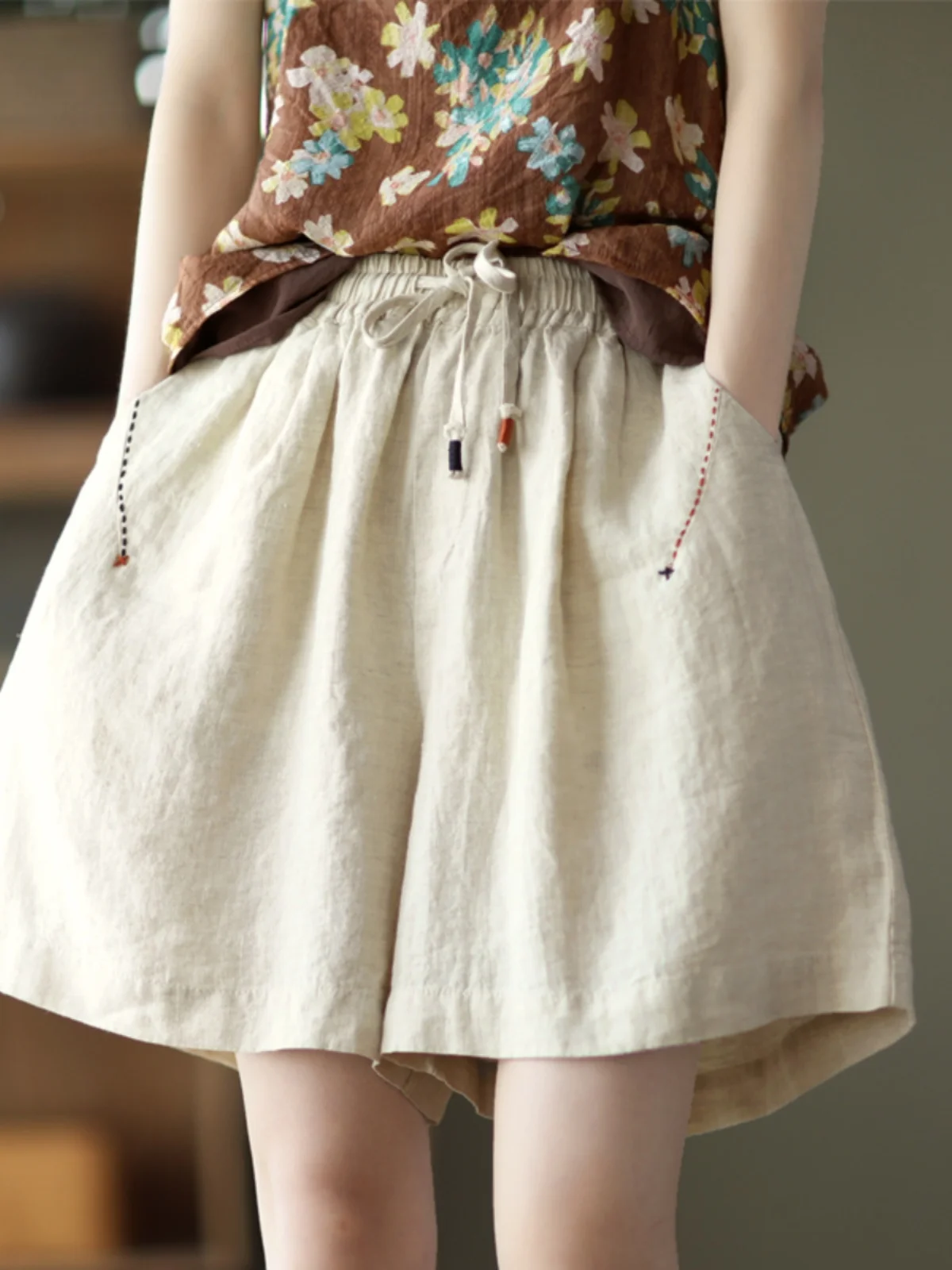 

Свободные хлопковые льняные брюки женские летние художественные широкие брюки с пятью деталями с высокой талией и цветочной вышивкой прямые боди pe