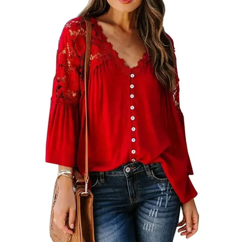 

Women Blouse Fashion Flare Sleeve Tops Women Lace Stiching Blouses Casual Spring Blusas Female V-Neck Blusas Oversized Chemise