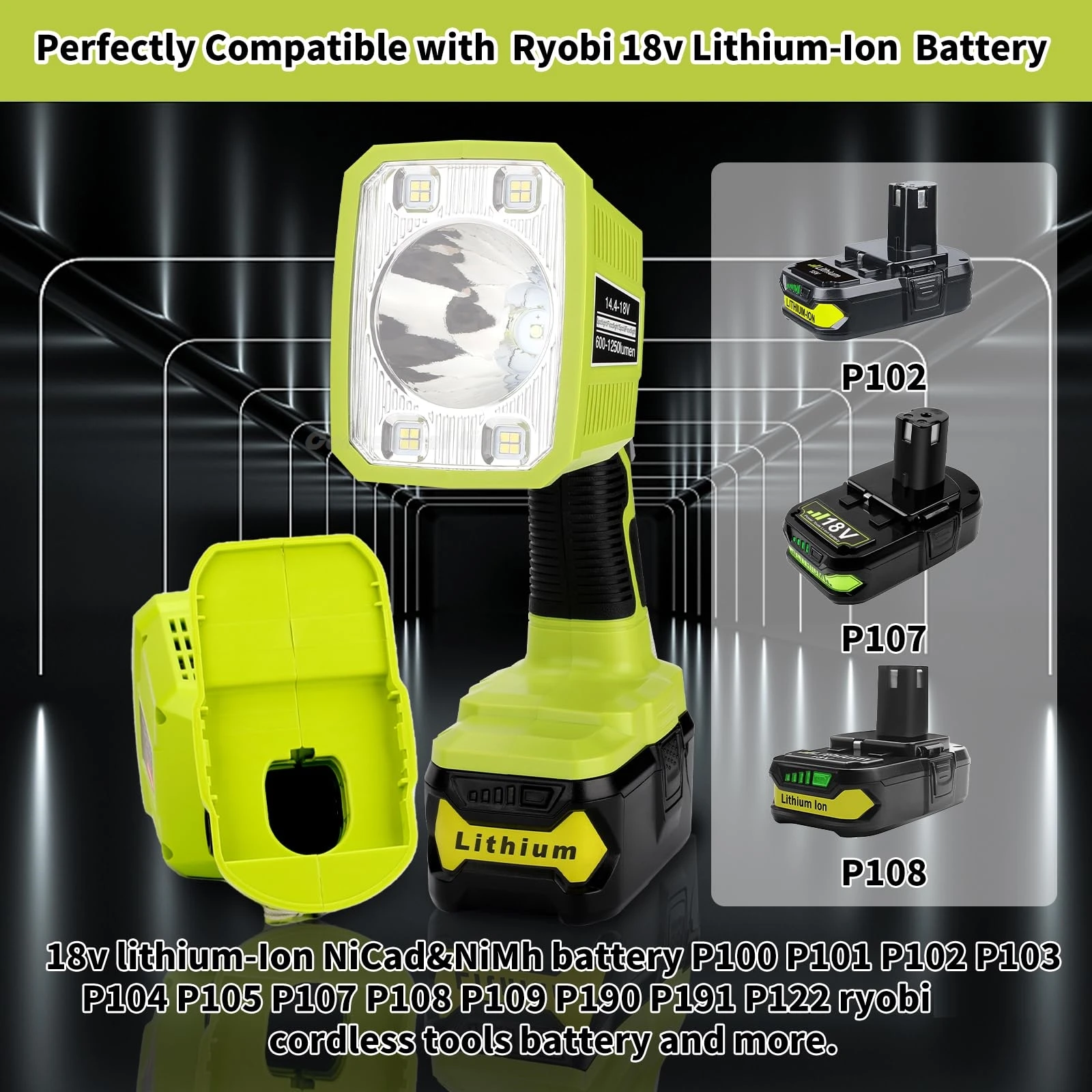 

1250LM LED Flashlight Compatible with Ryobi 18v Battery 18W Work Light 3 Light Modes 110°Pivoting Head for Camping Car Repairing