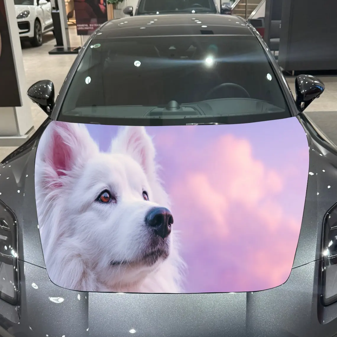 

White Dog Pink Sky Cute Adventure PVC Car Hood Wraps, Self-Adhesive Waterproof Car Bonnet Decal Sticker, Car Decoration Protecti