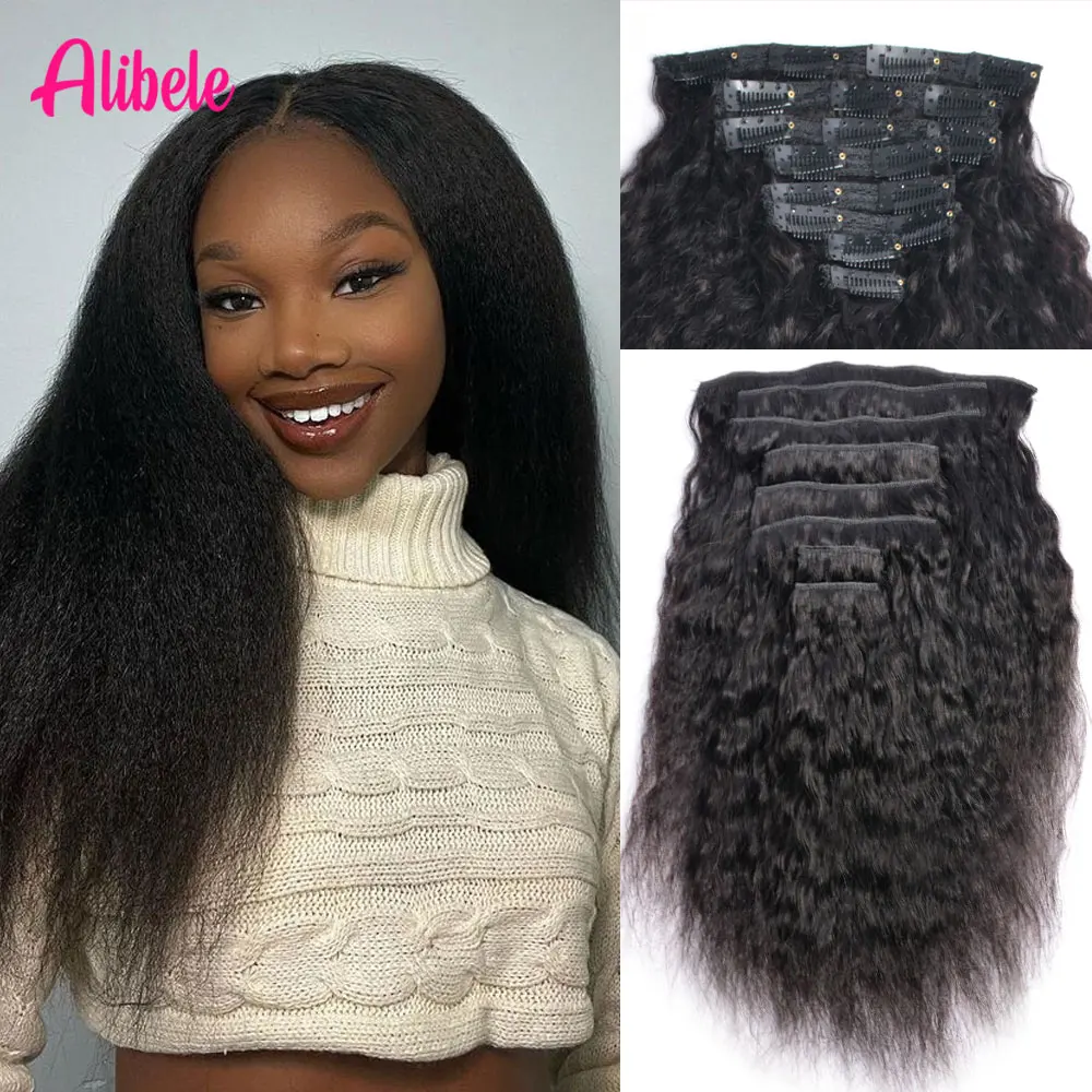 

Alibele Kinky Straight Clip Ins Наращивание волос Человеческие волосы 1B Черный 8 шт. Yaki Прямые клипсы для наращивания Увеличение объема длины