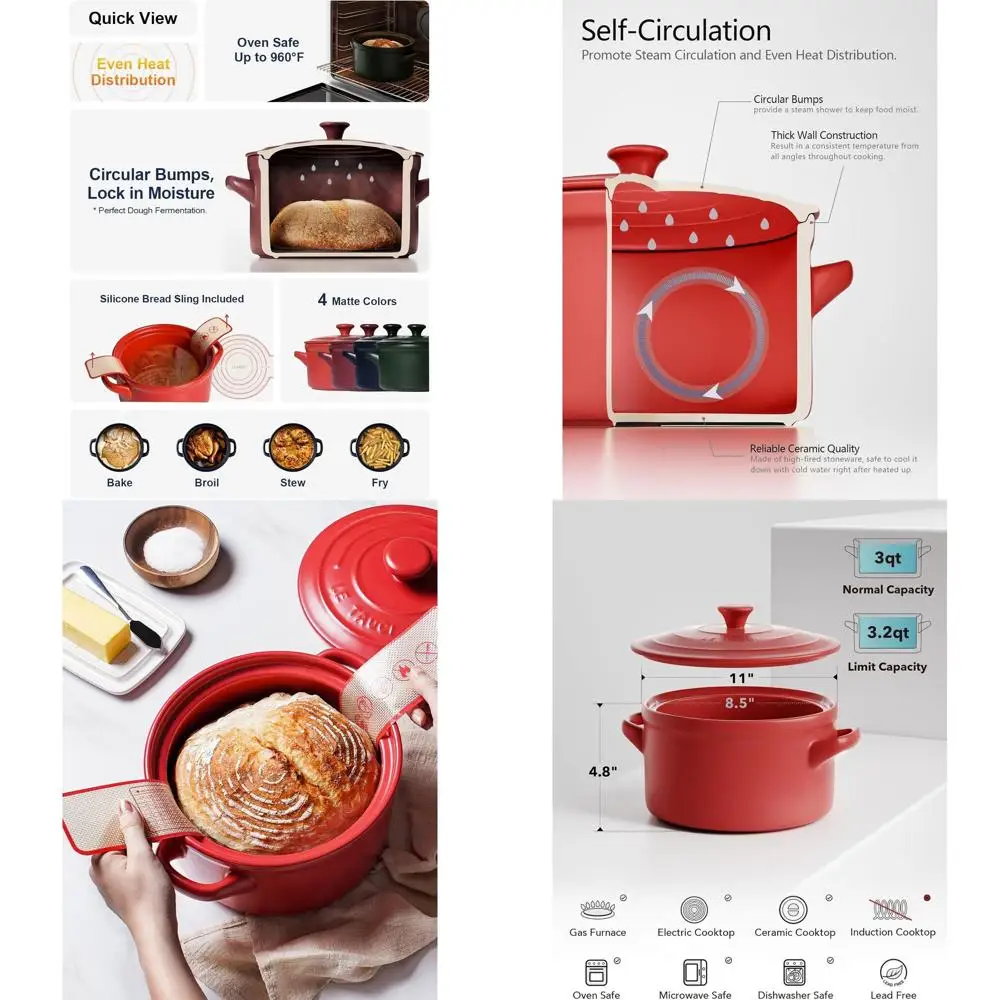 

Ceramic Dutch Oven for Bread Baking - Lightweight, Non-Toxic, No Seasoning Needed - Oven, Microwave, Dishwasher Safe - Ideal for