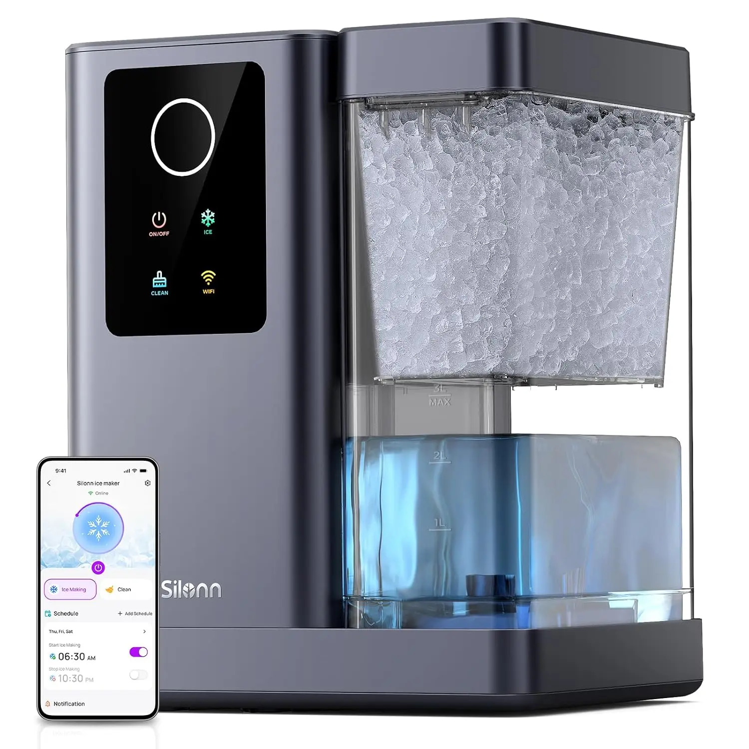 

Silonn - Máquina de hielo en pepitas para encimera con APP y control por voz, máquina de hielo autolimpiante con tanque de agua