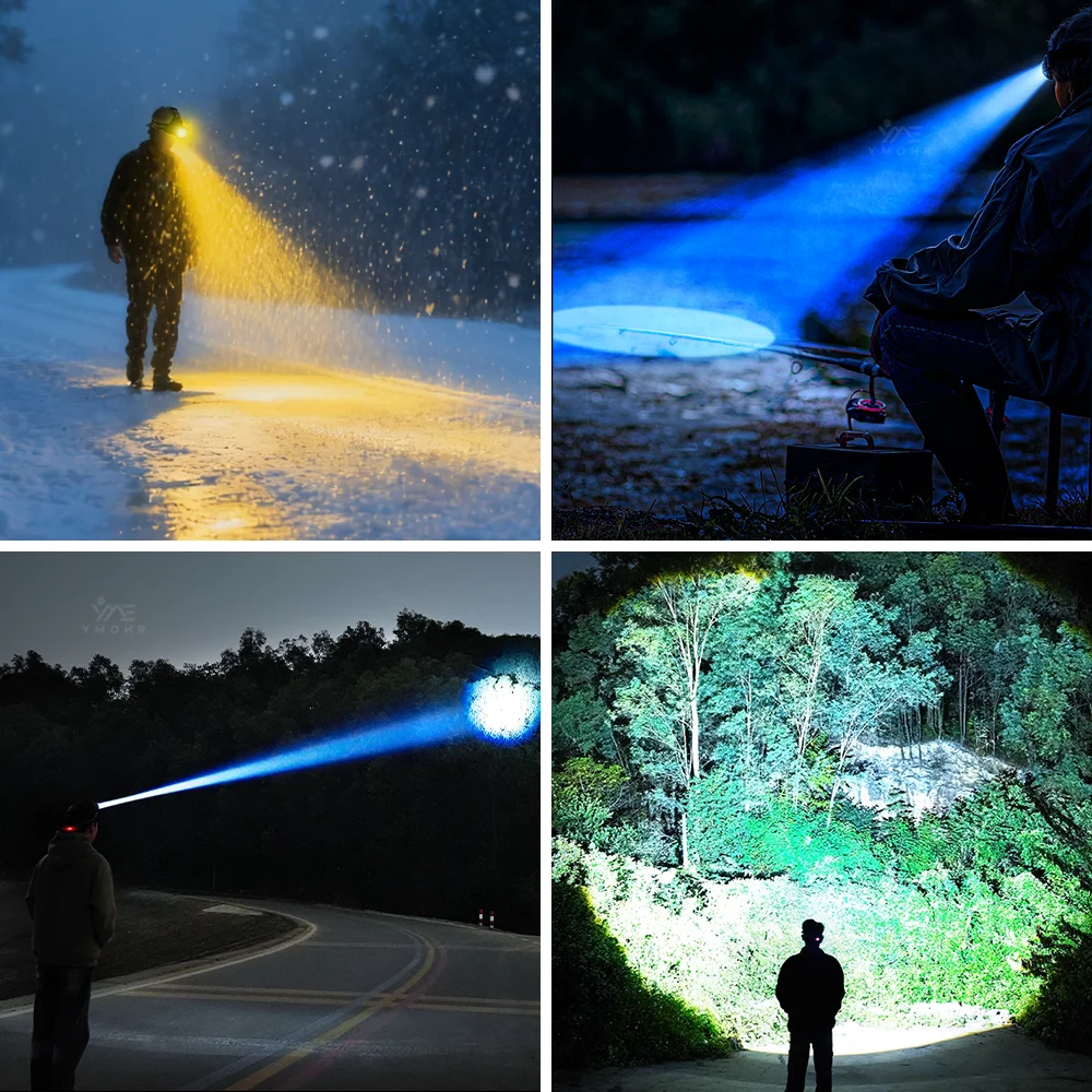 Linterna Frontal 2000 Lúmenes Recargable, Enfoque Ajustable, 2x18650, Impermeable, 3 Colores, para Senderismo, Camping y Pesca