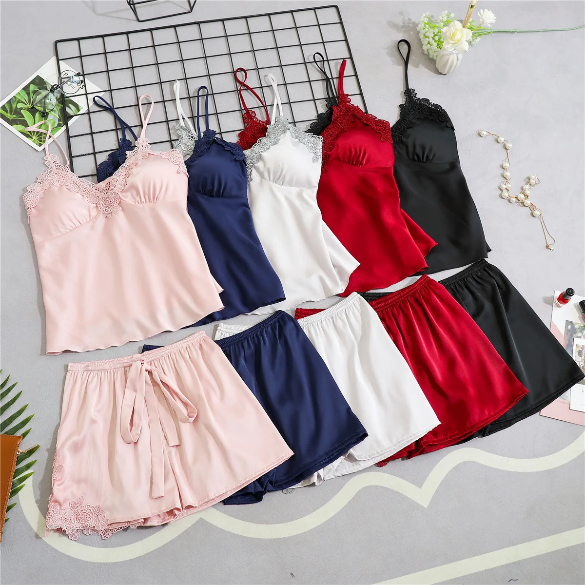 

Women's Pajama Set with Silk Camisole and Short Pants in Two-piece Style, with Built-in Bra and Can Be Worn Outside Nightgowns