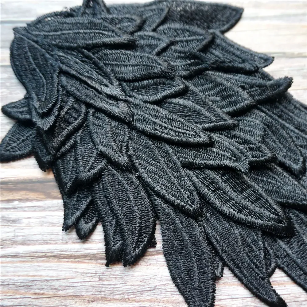 2PCS Black Feather Wings Fabric Embroidery Gown Appliques Collar Sew On Patches For Wedding Decoration Dress DIY