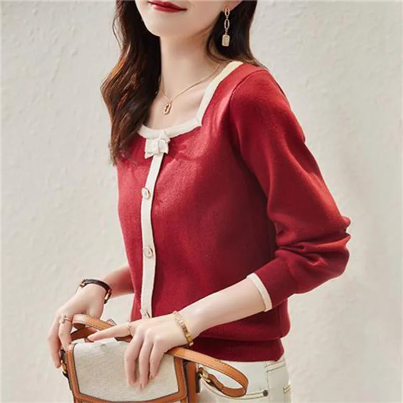 Fashion Women\'s Elegant Bow Square Collar Thin Knitted Pullovers 2022 Spring Autumn Blouse New Button Spliced Long Sleeve Shirt