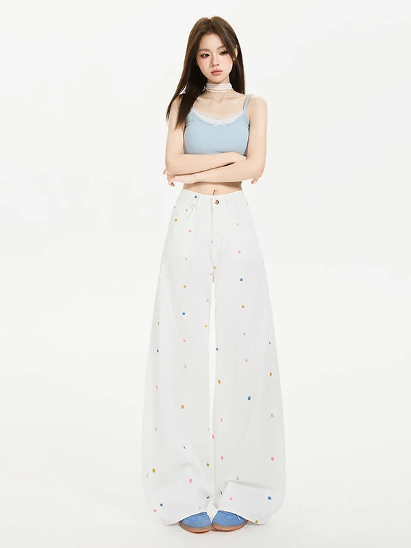

Ele Embroidered Denim Pants High Waist Straight Leg Floor Length Korean Sle Faionable Fre Heavy Embroidery Ladies J...