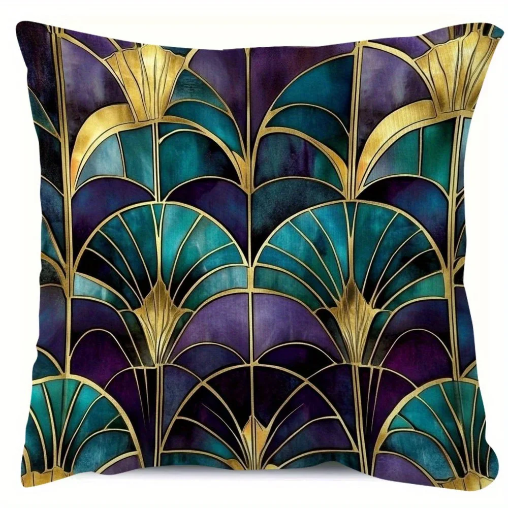 Art Deco Stained Glass Double-Sided Decorative Pillowcase, Rich Colors Artistic Cushion Cover for Sofa Bed Home Decor