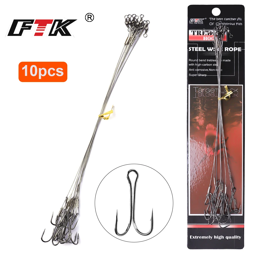 FTK 10PCS/PACK High Carbon Steel Duble Hooks with Line 3/0#-6# Sharp Barbed Worm & Lure Hooks for Carp Fishing Accessory