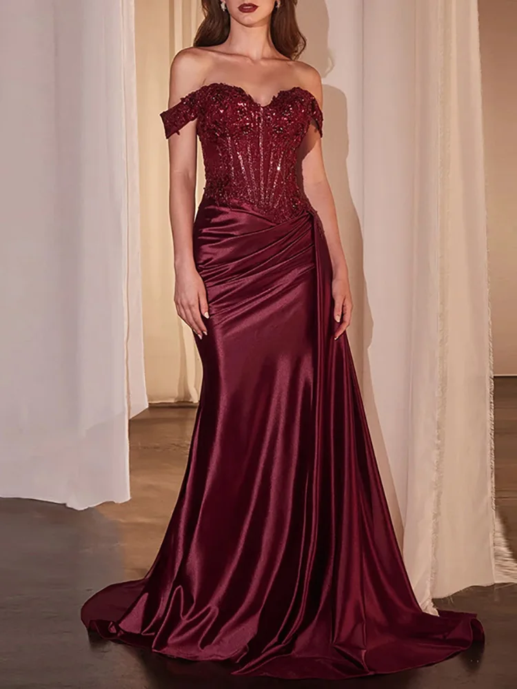 

Casual Short Sleeve Draped Slim Cocktail Dress Elegant Sequin Splicing Long Party Dress Lady Sexy Strapless Split Occasion Gowns
