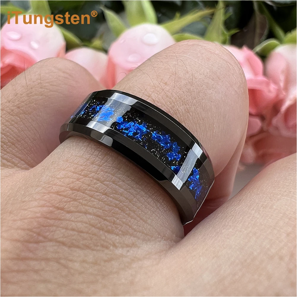 ITungsten 8mm Black/Silver Tungsten Wedding Rings for Men Women with Blue Foils Inlay Bevel Edges Polish Shiny Comfort Fit view 6