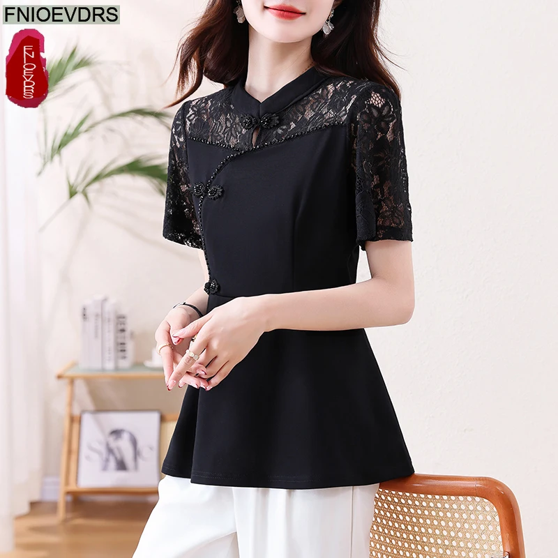 Черные винтажные топы с кружевным воротником-стойкой в стиле ретро, блузки, элегантные женские рубашки из смеси хлопка с короткими рукавами 2025, офисные женские рубашки
