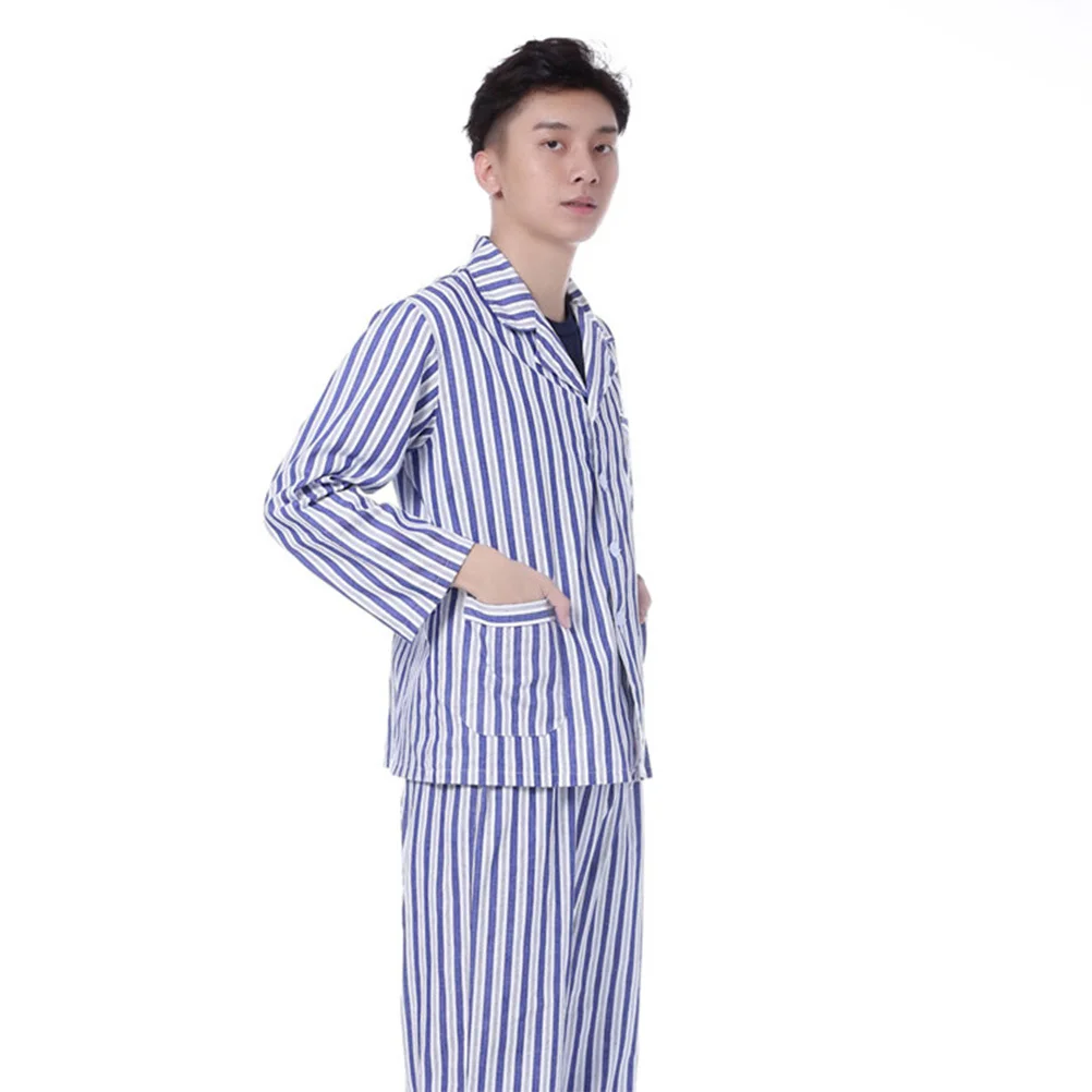 1 Set Adult Pajamas Cotton Long Sleeve Hospital Sleepwear Notch Collar Button Closure Stripe Pattern Patient Clothing Blue White