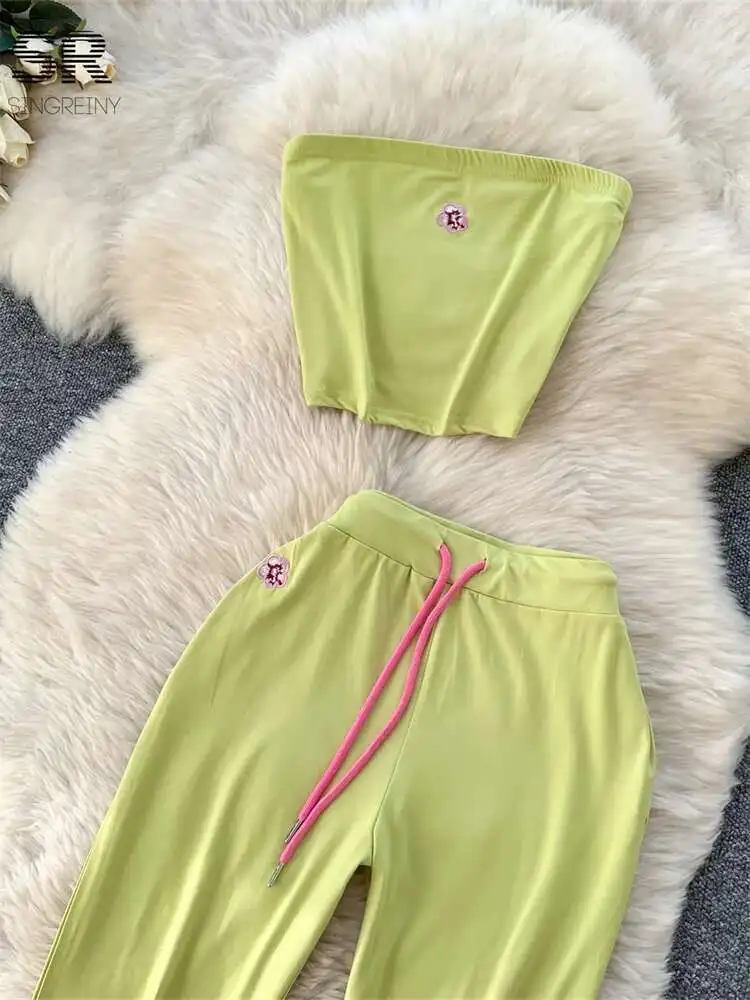 BabYoung Hotsweet Ricamo Due Pezzi Abiti da Donna Senza Spalline Senza Maniche Camis + Pantaloni Lunghi Moda Americana Casual Vacanza Set