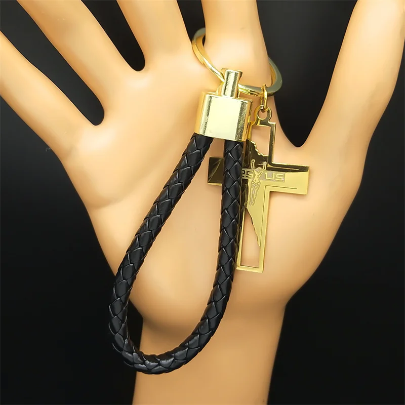 Jesus Crucifix Cross Key Chain for Men Women Stainless Steel Gold Color Religious Catholic Cuban Key Ring Party Jewelry Gift