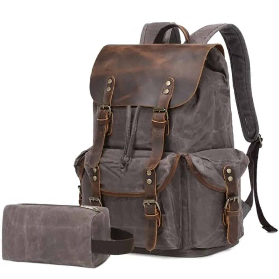 

Vintage Leather Canvas Backpack, Waxed Canvas Shoulder Rucksack with Toiletry Shoulder Rucksack for Traveling, Camping, Hiking,