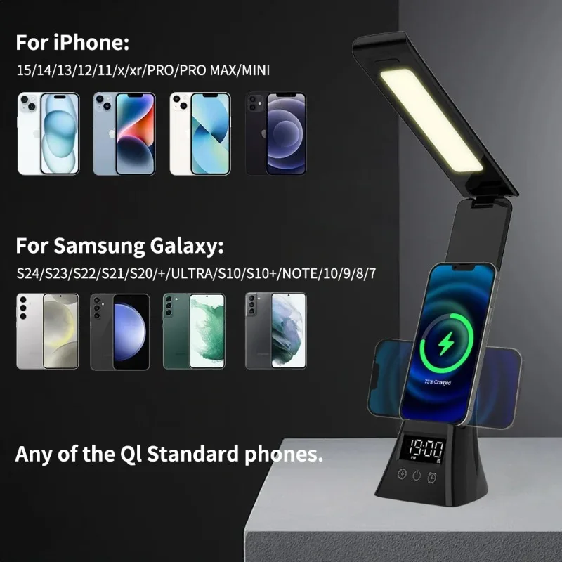15W Wireless Charger Stand LED Desk Table Lamp With Alarm Clock 3 Colors Dimmable Desk Light Fast Charging Station for iPhone