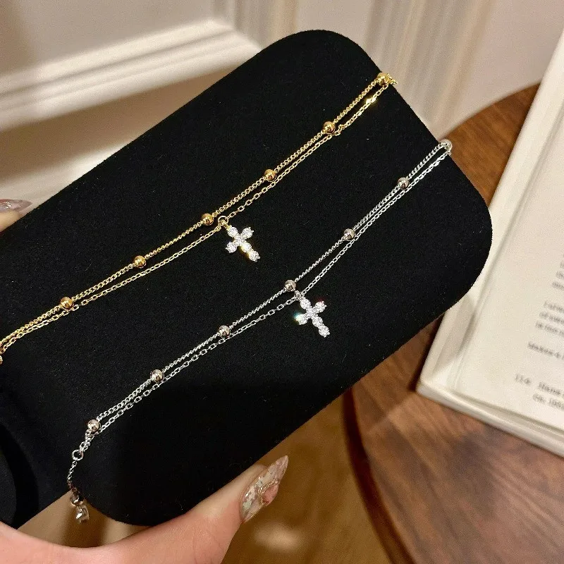 Small Cross 2 Layers Chain Bracelets Woman Girl Bling Zircon Diamonds Vintage 18K Gold Filled Silver Fashion Fine Jewelry Gifts