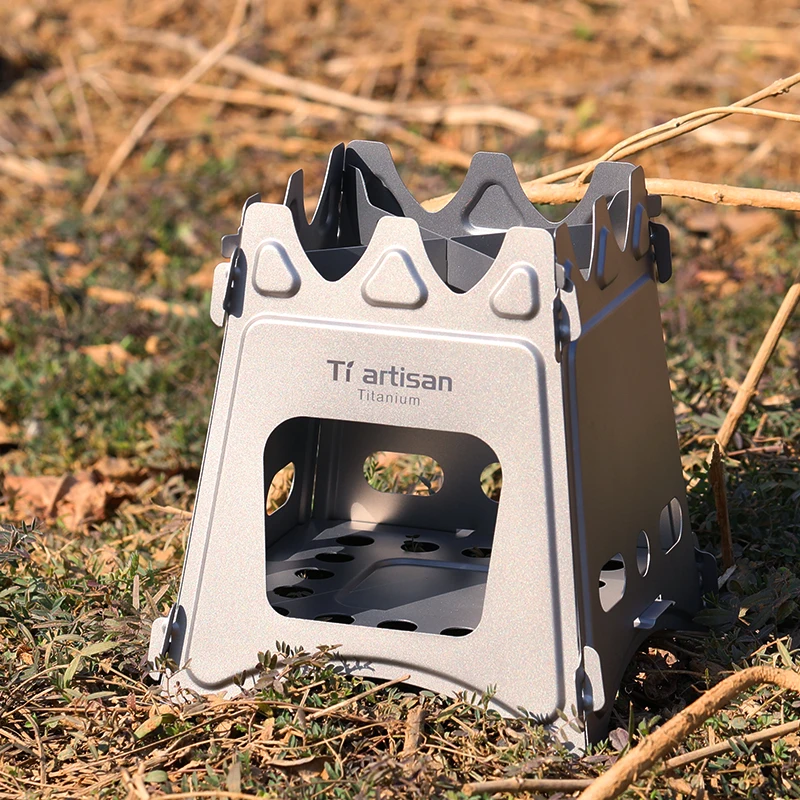 Quemadores de Camping de titanio Tiartisan, estufa de leña plegable portátil, utensilios de cocina para viajes al aire libre, estufa de barbacoa para hornear