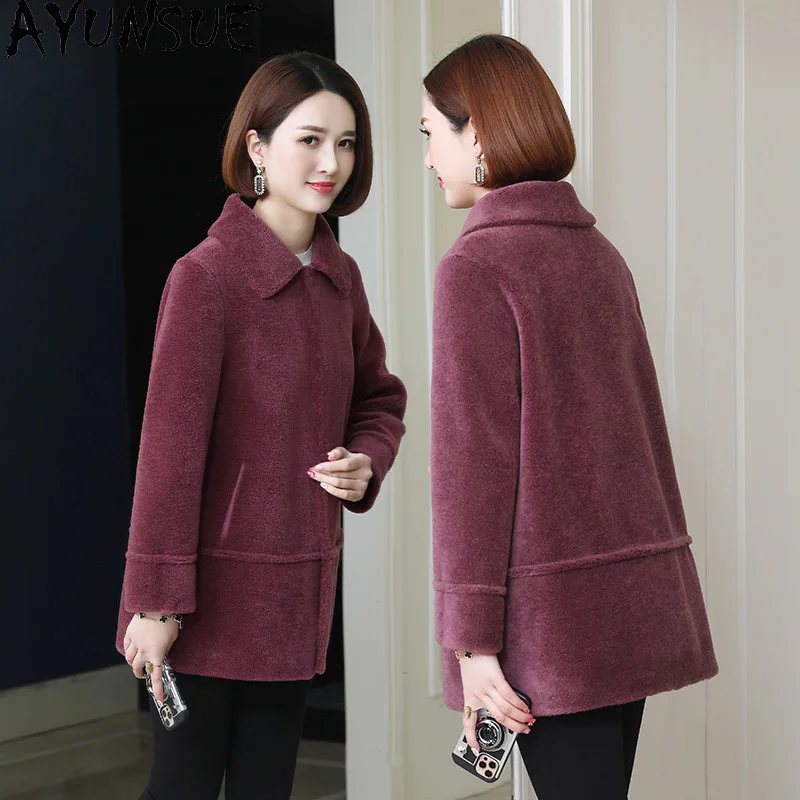 เสื้อโค้ทขนสัตว์แท้ 100% ยี่ห้อ AYUNSUE สำหรับผู้หญิง แจ็คเก็ตขนแกะแท้ เสื้อผ้าฤดูใบไม้ร่วงและฤดูหนาว เสื้อคลุมขนสัตว์ผสมสำหรับผู้หญิง เสื้อคลุมด้านนอก