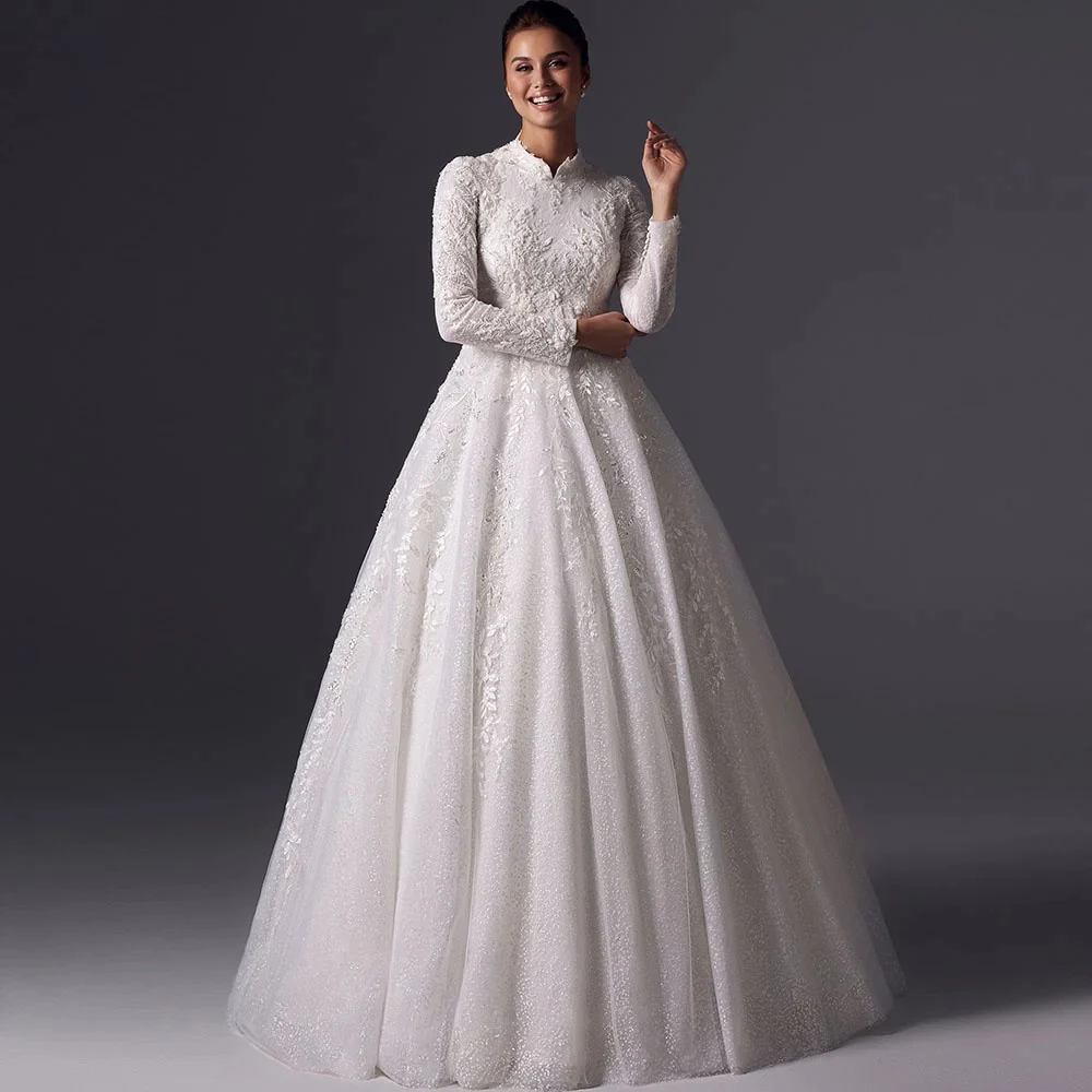 Abiti da sposa eleganti A Line 2024 Abito da sposa con paillettes in pizzo a maniche lunghe con o-collo Abiti da sposa principessa personalizzati di alta qualità