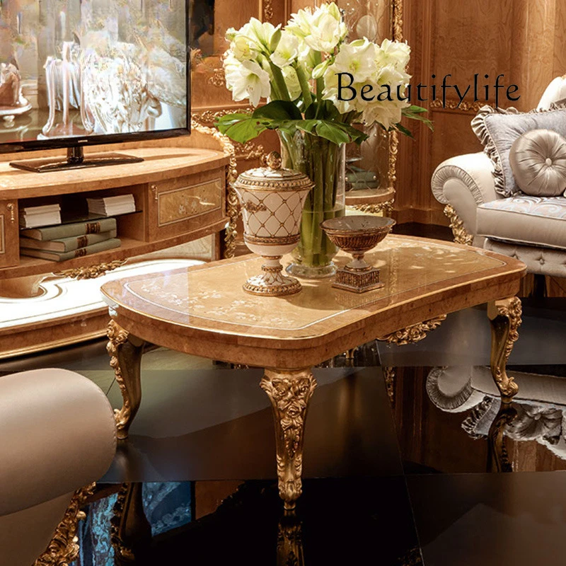 European court living room furniture solid wood carving flower coffee table with natural shell parquet coffee table