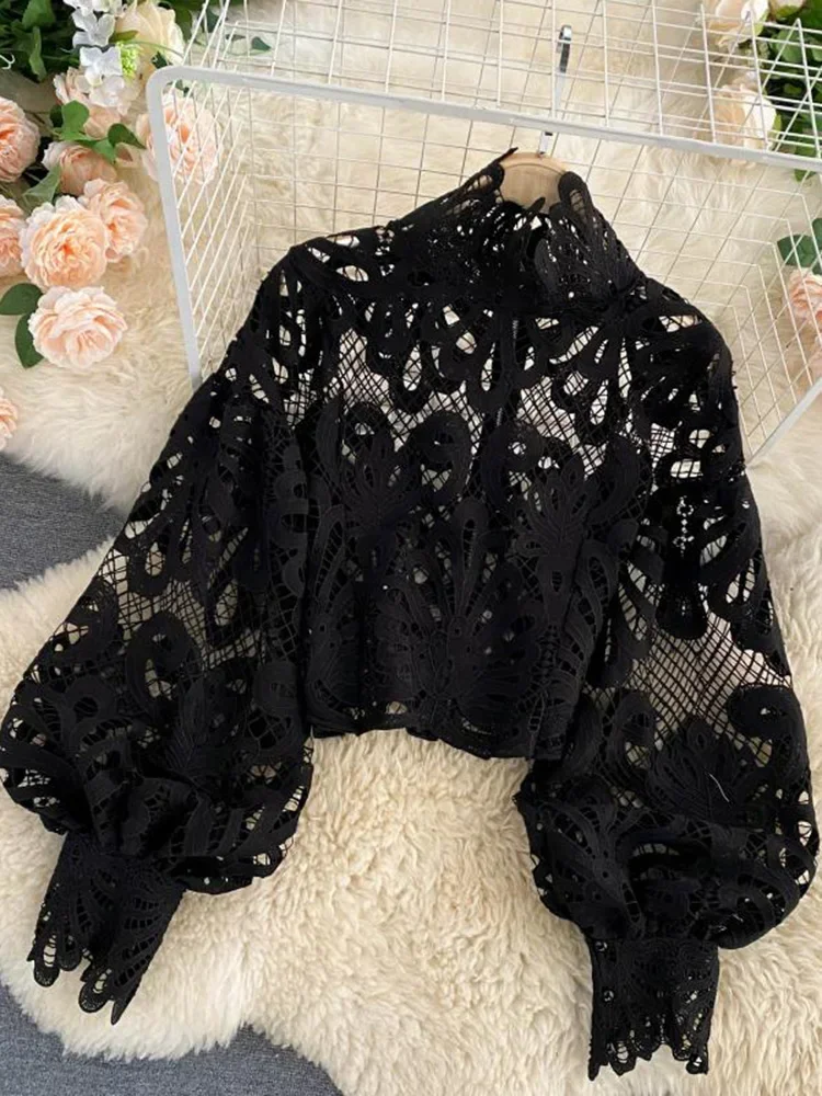 Spring Autumn New Fashion Blouse Female Hollow Lantern Sleeve Temperament Party Stand-up Collar Slim Short Lace Shirt Tops C342