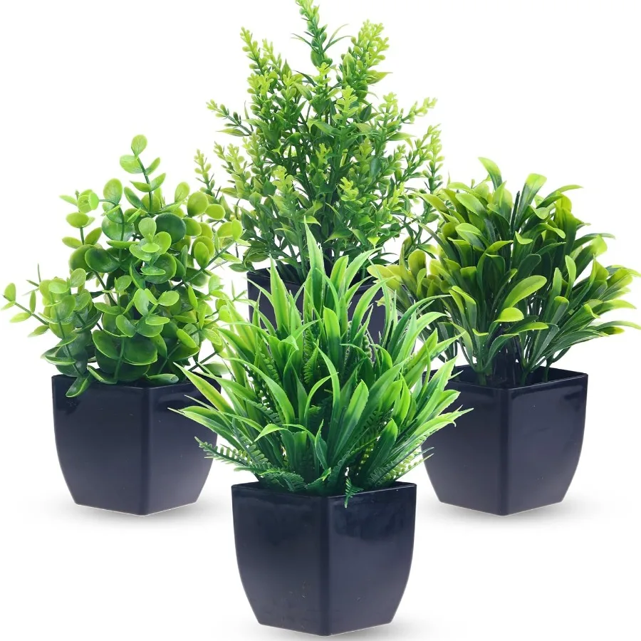 

4 Pack Fake Plants in Black Pot Mini Articial Eucalyptus Potted Plant Small Faux Grass Greenery Potted for Indoor Home Office F