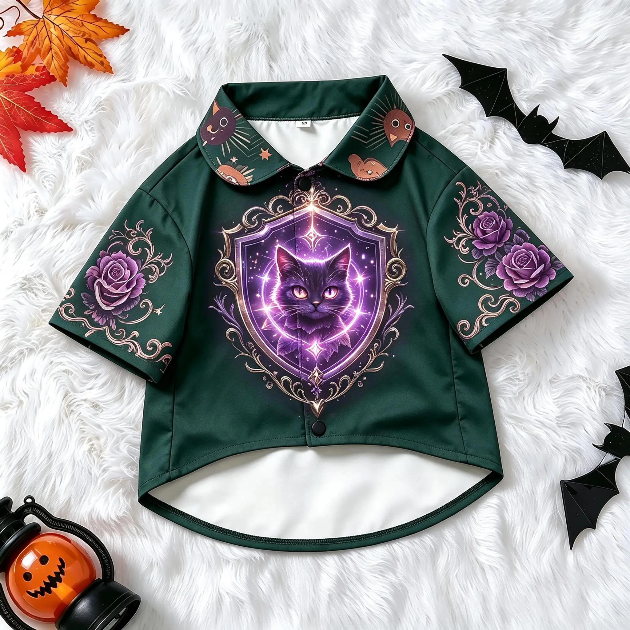 Pet Dog Shirt Purple Magic Shield Glowing Cat Print Stylish Button Up for Small Medium Dogs Mystic Wizardry Theme Party Wear