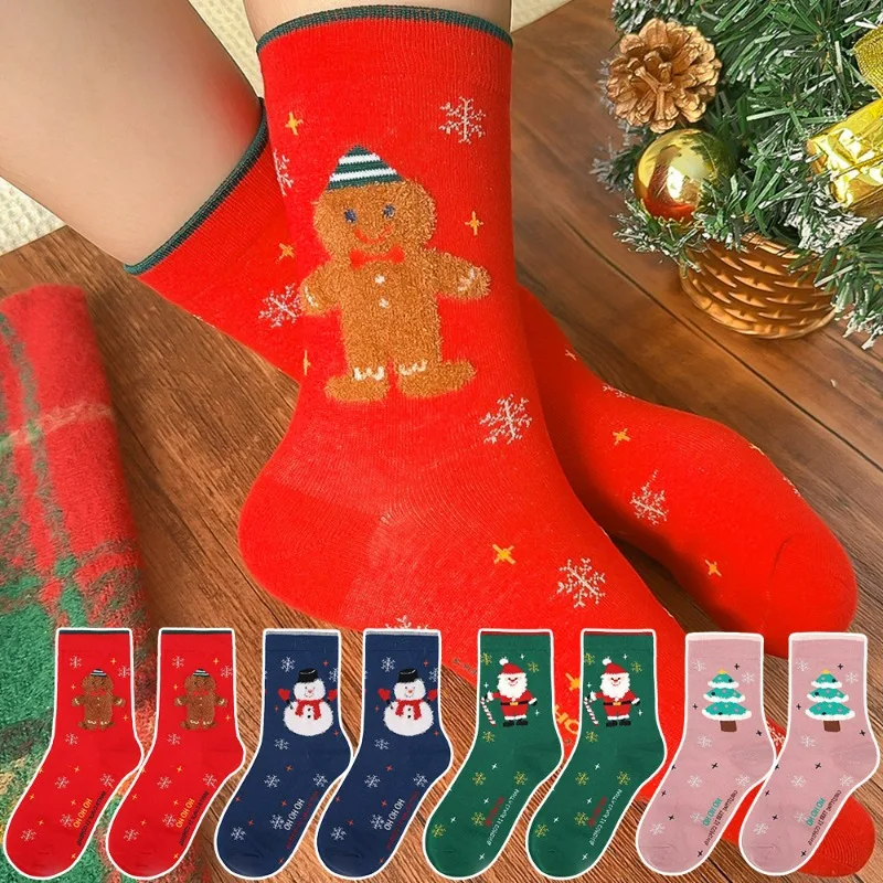 Christmas Breathable Cotton Sock Santa Claus Snowman Printed Warm Mid Length Socks Winter Christmas Tree Sweat Absorbing Hosiery