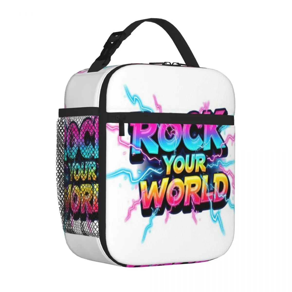 Hot Sale Rock Your World Neon Graffiti Electric Rave Typography Workwear Food Storage Bag Kindergarten Snack Shoulder Lunch Bag