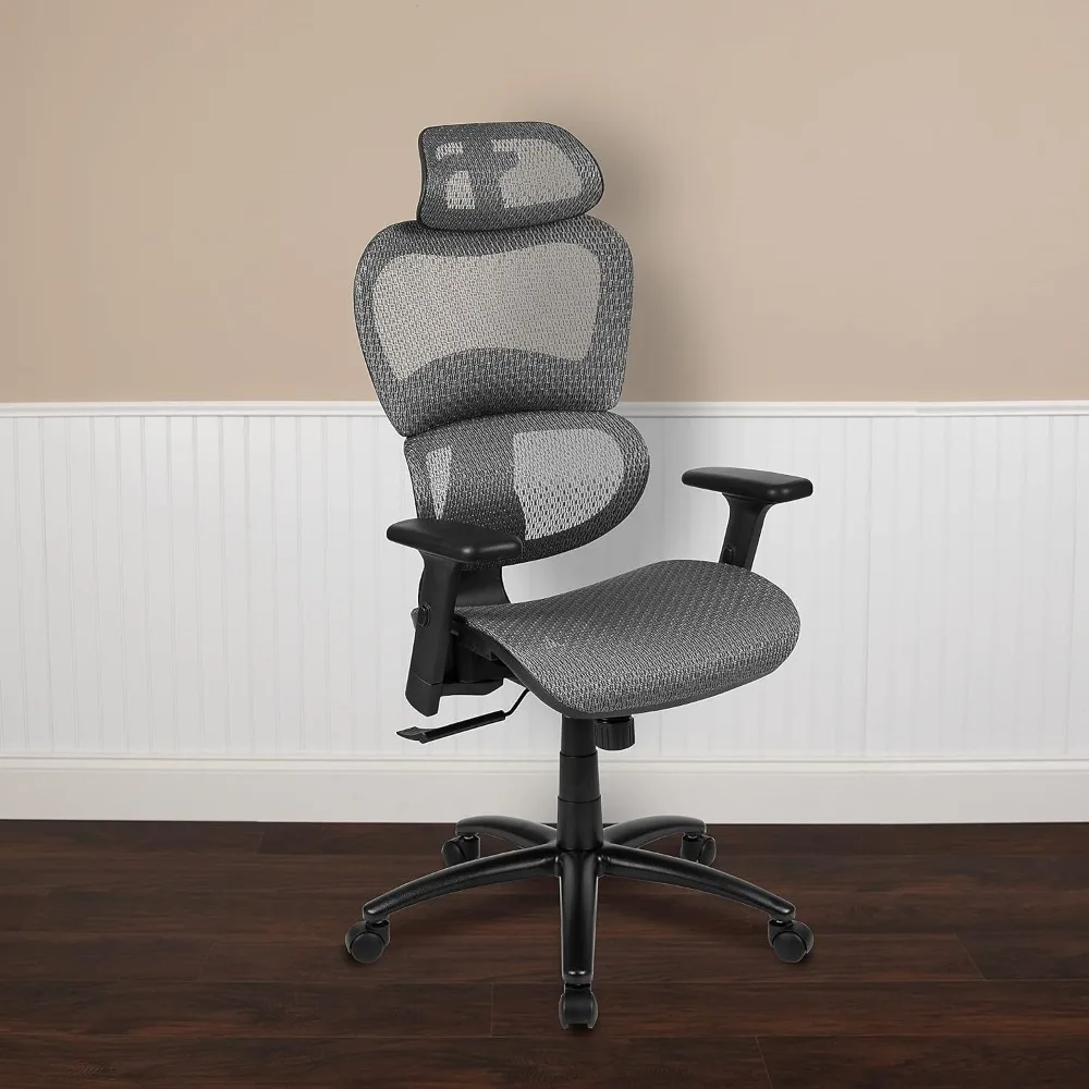 gray ergonomic mesh chair with 2:1 tilt, adjustable headrest, lumbar support, and pivot arms