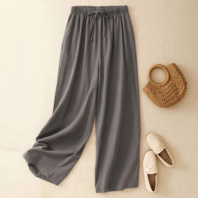 Cotton Draped Wide-legged Trousers Women's Summer New Korean Fashion Simple Grey Tie High Waist Casual Straight Trousers