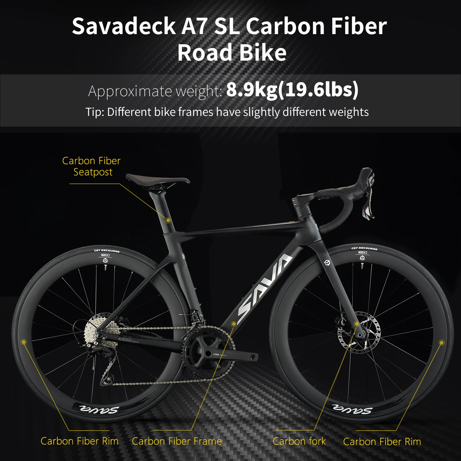 SAVA A7L Carbon Fiber Road Bike with SENSAH 7120 Kit 24 Speed Road Bike Race Bike 8.9kg Hydraulic Disc Brake