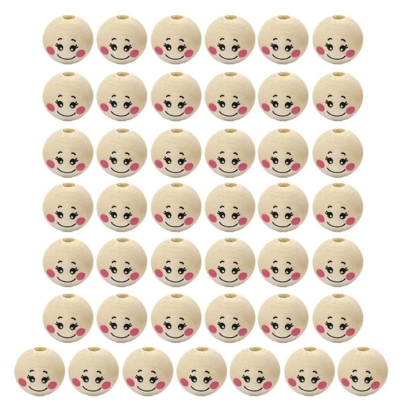 50Pcs Round Hole Smiles Face Beads Sets for DIY Decorations Smiles Wooden Beads Natural Wooden Beads for Crafting