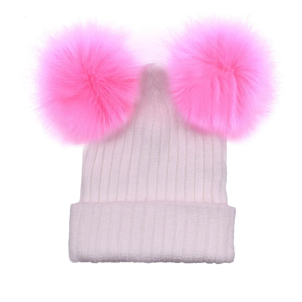 Fur Ball Cap 2 Pom Poms Winter Hat for Women Girl \'s Wool Hat Knitted Cotton Beanies Cap Brand New Thick Female Cap