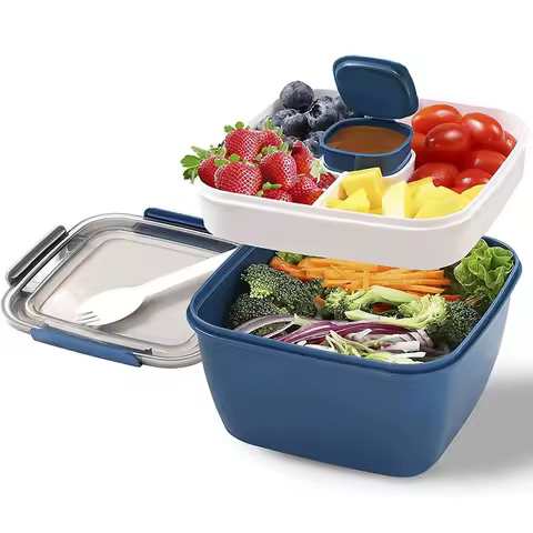 1100ml/1500ml Portable Lunch Box Container 2 Layer Grid Salad Bowl Bento Boxes Salad Bowls Lunch Box Lunch Container for Food