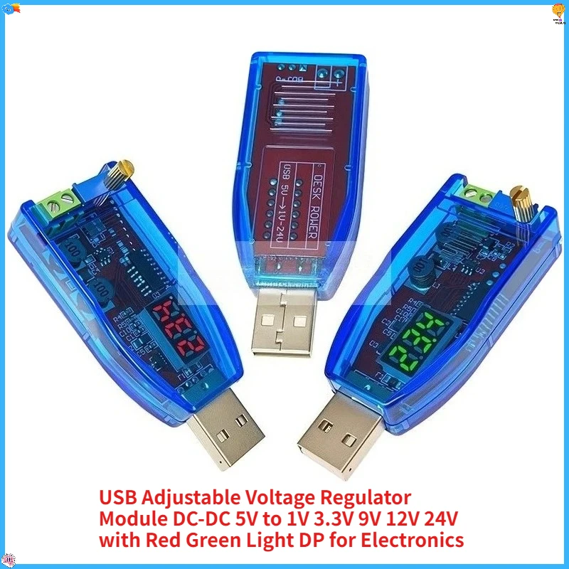 

1PCS USB Adjustable Voltage Regulator Module DC-DC 5V to 1V 3.3V 9V 12V 24V with Red Green Light DP for Electronics