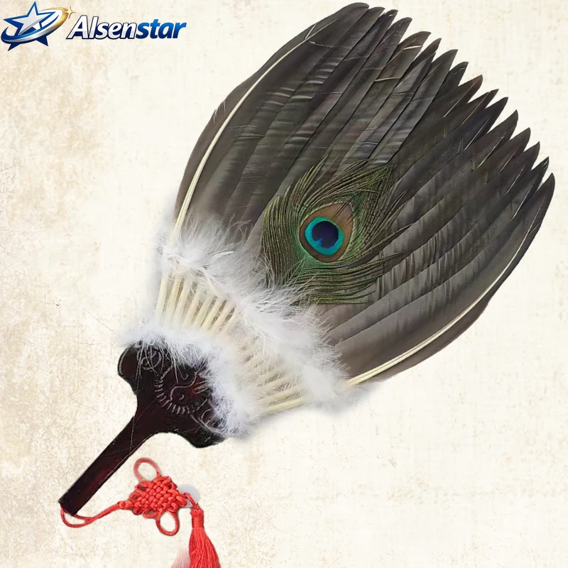 Handmade Goose Feather Fan Vintage Chinese Traditional Zhuge Liang Kongming Cosplay Wedding Dance Stage Costume Photo Prop Gift
